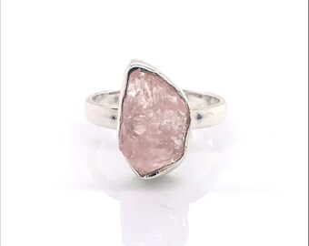 Raw Rose Quartz Ring, Solid Sterling Silver 925, Natural Rough Stone Ring, Rose Quartz Crystal, Gift For Girls, January Birthstone Jewelry
