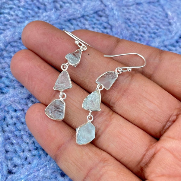 Rough Aquamarine Earring, 925 Sterling Silver Earring, Uncut Stone Earring, Raw Aquamarine Earring, Raw Crystal Earring, Aquamarine Earring