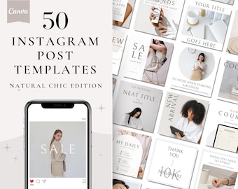 50 Beige Instagram Post Templates, Canva Social Media (Digital Download)
