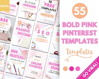 May include: A collection of pink and white Pinterest templates with titles like "Free Business Tools" and "SEO for Beginners." The image features the text "55 Bold Pink Pinterest Templates" and "Go Viral!"