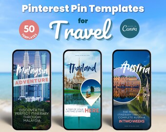 Travel Pinterest Pin Templates for Canva (50 Unique Designs) Digital download
