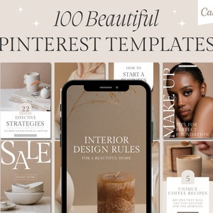 Puede incluir: Una colección de 100 plantillas de Pinterest para marketing en redes sociales. Las plantillas presentan una variedad de diseños, que incluyen estilos minimalistas, modernos y de tendencia. Las plantillas son perfectas para empresas y personas que desean crear contenido llamativo y atractivo para sus perfiles de Pinterest.