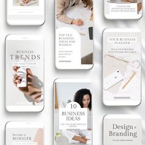 May include: A collection of phone screen mockups showcasing various business-related topics, including business trends, top ten business ideas for women, a business planner, 10 business ideas you can start with no money, design and branding, and an ultimate blog guide. The mockups feature a minimalist aesthetic with a light beige background and simple typography.