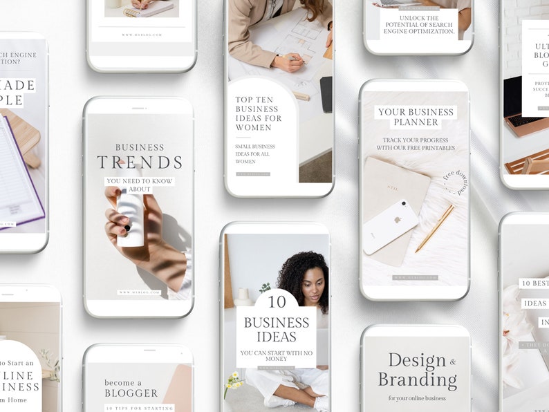 May include: A collection of phone screen mockups showcasing various business-related topics, including business trends, top ten business ideas for women, a business planner, 10 business ideas you can start with no money, design and branding, and an ultimate blog guide. The mockups feature a minimalist aesthetic with a light beige background and simple typography.