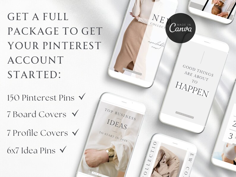 May include: A digital marketing package for Pinterest featuring 150 pins, 7 board covers, 7 profile covers, and 6x7 idea pins. The text "GET A FULL PACKAGE TO GET YOUR PINTEREST ACCOUNT STARTED" is displayed on a white background.