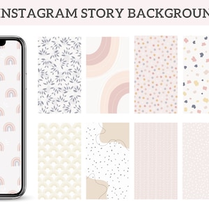 May include: A set of 15 Instagram story backgrounds featuring various patterns and designs. The backgrounds include rainbows, leaves, polka dots, and abstract shapes in a soft color palette of pink, beige, and gray.