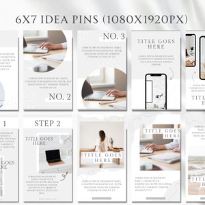 May include: A set of six Pinterest-style graphic templates for social media. The templates feature a white background with gray accents and text that says "Title Goes Here". The templates are designed to be used for promoting products or services.