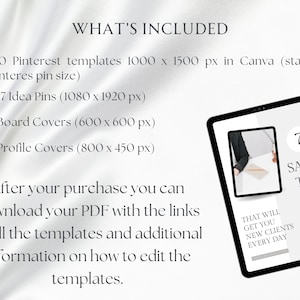 May include: A white background with a text overlay that reads "WHAT'S INCLUDED" and lists the contents of a digital product. The text includes the number of templates, dimensions, and file types. A tablet computer is shown in the lower right corner of the image. The tablet screen displays a graphic with the text "7 SALES TIPS" and "THAT WILL GET YOU NEW CLIENTS EVERY DAY".