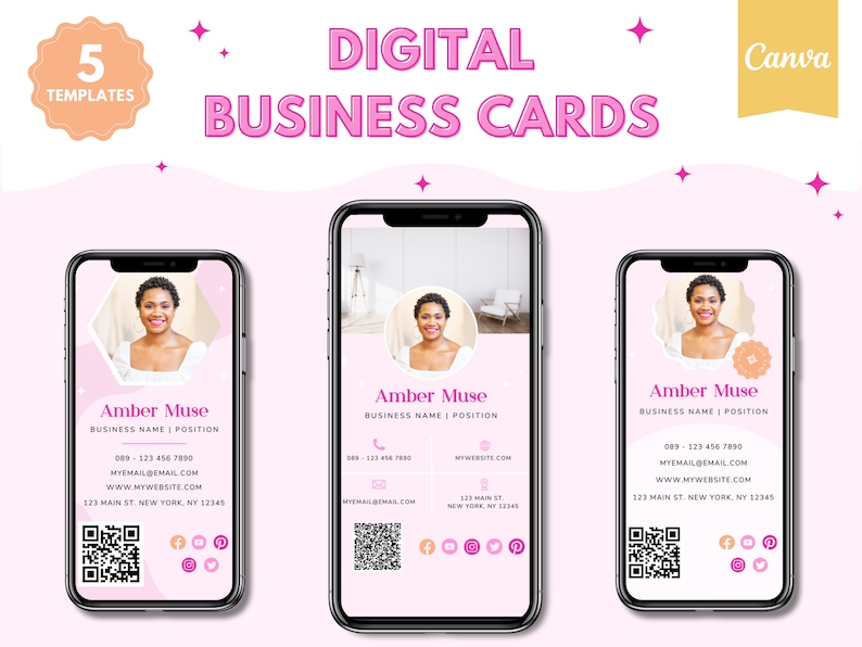 May include: Three pink and white digital business cards featuring a woman's photo, contact details, and social media icons. The text on the cards reads "Amber Muse, Business Name | Position".