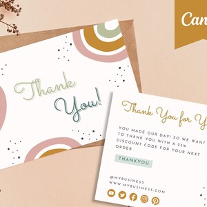 Modelo de cartão de agradecimento Canva Modelo de cartão de compra do cliente Modelo de cartão de desconto Canva Modelo de cartão de visita Rainbow Boho