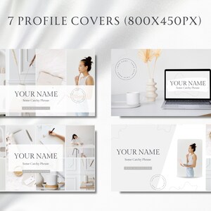 May include: A set of seven social media profile covers featuring a minimalist aesthetic with a white background and subtle gray accents. The covers include images of a woman working on a laptop, writing in a notebook, and a variety of decorative objects. The text "YOUR NAME" and "Some Catchy Phrase" is included on each cover.
