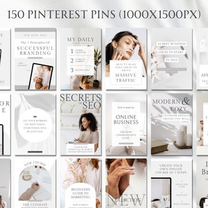 May include: A collection of 150 Pinterest pins featuring various lifestyle and business topics. The pins are designed in a minimalist style with white backgrounds and muted colors. Some of the topics include interior design, online business, branding, and personal development.