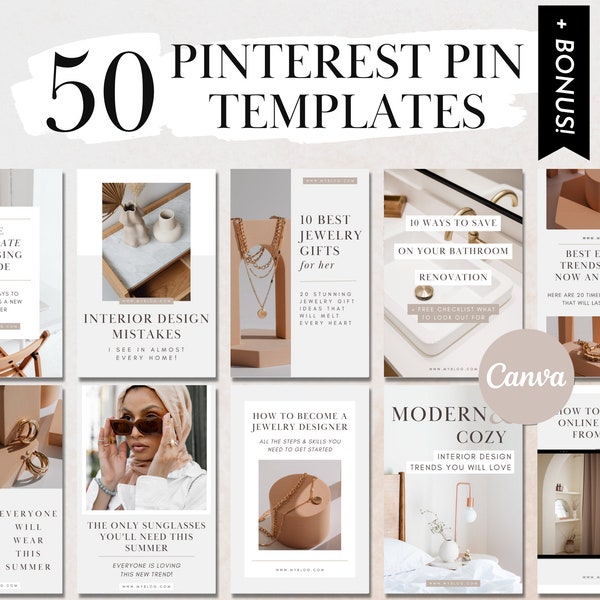 Modèles d'épingles Pinterest pour Canva Minimal Modèles Pinterest Beige pour les blogueurs Entreprises Pinterest Marketing