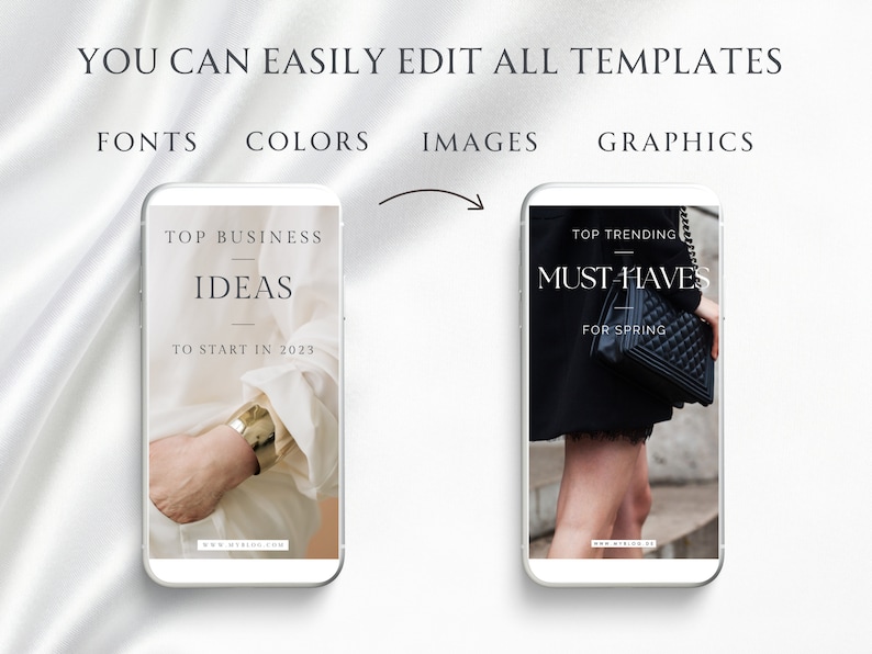 May include: Two phone screen mockups showing editable templates for social media. The left mockup shows a white background with the text "Top Business Ideas To Start In 2023". The right mockup shows a woman wearing a black dress and holding a black handbag with the text "Top Trending Must-Haves For Spring".