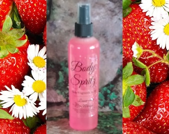 Strawberry Body Spritz: Fresh ripe strawberries in a fruity basket. Instant Body Fragrance Spray + Optional Body Butter