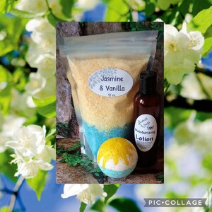 Jasmine & Vanilla BATH SALTS w/ option of adding 4 oz. Lotion, Vanilla bean and cedarwood mixed with rich sweet notes of jasmine