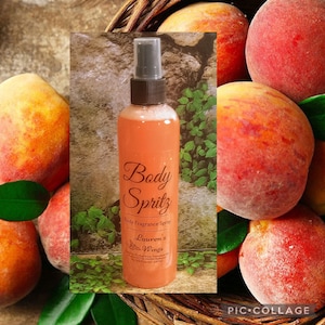 May include: A clear bottle with a peach-colored liquid inside. The bottle is labeled "Body Spritz Body Fragrance Spray Lauren's Wings". The bottle is surrounded by peaches.