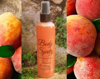 Georgia Peach Body Spritz: Juicy peach with sun-ripened sweetness. Instant Body Fragrance Spray + Optional Body Butter