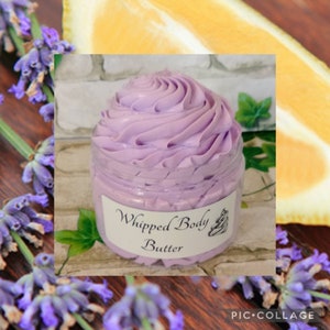 May include: A jar of whipped body butter with a lavender scent. The jar is labeled "Whipped Body Butter".