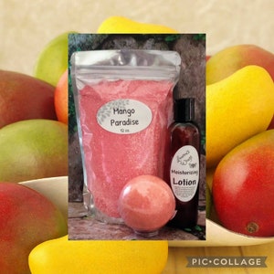 Mango Paradise BATH SALTS w/ option of adding 4 oz. Lotion, Fresh crisp sparkling mango w hints of pear, peach, grapefruit & orange