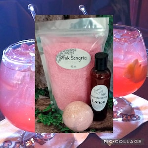 Pink Sangria BATH SALTS w/ option of adding 4 oz. Moisturizing Lotion,  Valencia orange, tropical pineapple and maraschino cherry