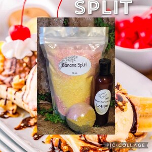 May include: A bath and body gift set with a yellow and pink bath salt, a bath bomb, and a bottle of lotion. The bath salt bag has a label that says "Banana Split 12 oz.". The lotion bottle has a label that says "Lavender's Wings Moisturizing Lotion".