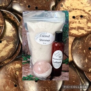 Coconut Shimmer BATH SALTS w/ option of adding 4 oz. Moisturizing Lotion, creamed coconut and sea salt layered with musk and sugared vanilla