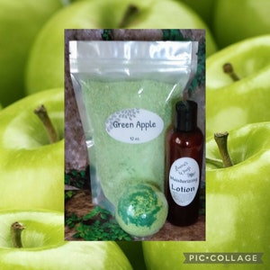 Green Apple BATH SALTS w/ option of adding Lotion or Bath Bombs, A Juicy sweet apple with slight green notes