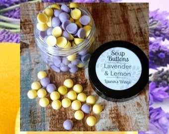 Lavender & Lemon SINGLE USE SOAPS, One time Use Soap Buttons, Fun, Moisturizing, lavender w hints of green, base of orange flower, vanilla