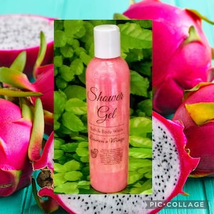 Dragon Fruit SHOWER GEL, Long Lasting Scented Body Wash, Orange sweetens exotic fruit. Hint of plumeria, white driftwood and musk