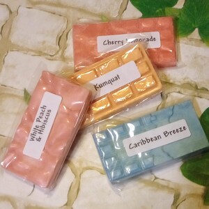 May include: Four wax melts in individual clear plastic packaging. The wax melts are in the shape of a bar with a grid pattern. The wax melts are in the following colors and scents: white peach & hibiscus (pink), kumquat (yellow), cherry lemonade (pink), and caribbean breeze (blue).