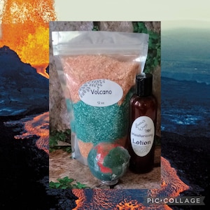 Volcano BATH SALTS w/ option of adding 4  oz. Lotion, Tropical fruits, sugared oranges, lemons and limes, exotic mountain greens