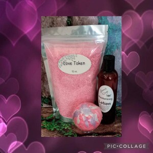 Love Token BATH SALTS w/ option of adding 4 oz. Lotion, mandarin, bergamot, orange enhanced by hints of peach & berries on musk
