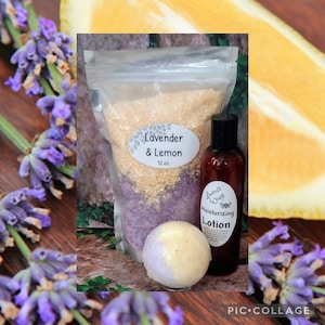 Lavender & Lemon BATH SALTS w/ option of adding 4 oz. Moisturizing Lotion,  Lavender w hints of green on a base of orange flower and vanilla