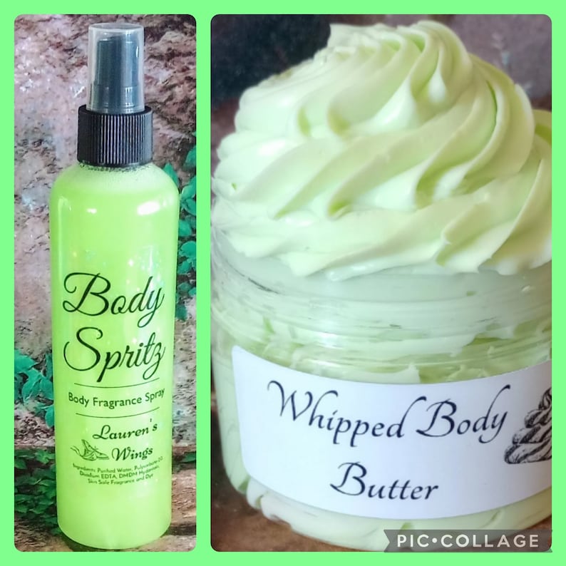 K&ouml;nnte beinhalten: Eine gr&uuml;ne K&ouml;rperspr&uuml;hflasche mit einem wei&szlig;en Etikett, auf dem "Body Spritz Body Fragrance Spray Lauren's Wings" steht. Daneben befindet sich ein Glas mit geschlagenem K&ouml;rperbutter mit einem wei&szlig;en Etikett, auf dem "Whipped Body Butter" steht.