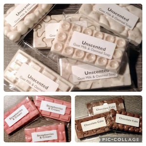May include: Assortment of handmade soap bars in various scents and designs.  The bars are wrapped in clear plastic and labeled with the scent and ingredients.  The scents include "Unscented Goat Milk & Oatmeal Soap", "Strawberries & Cream", and "Chocolate Cake".