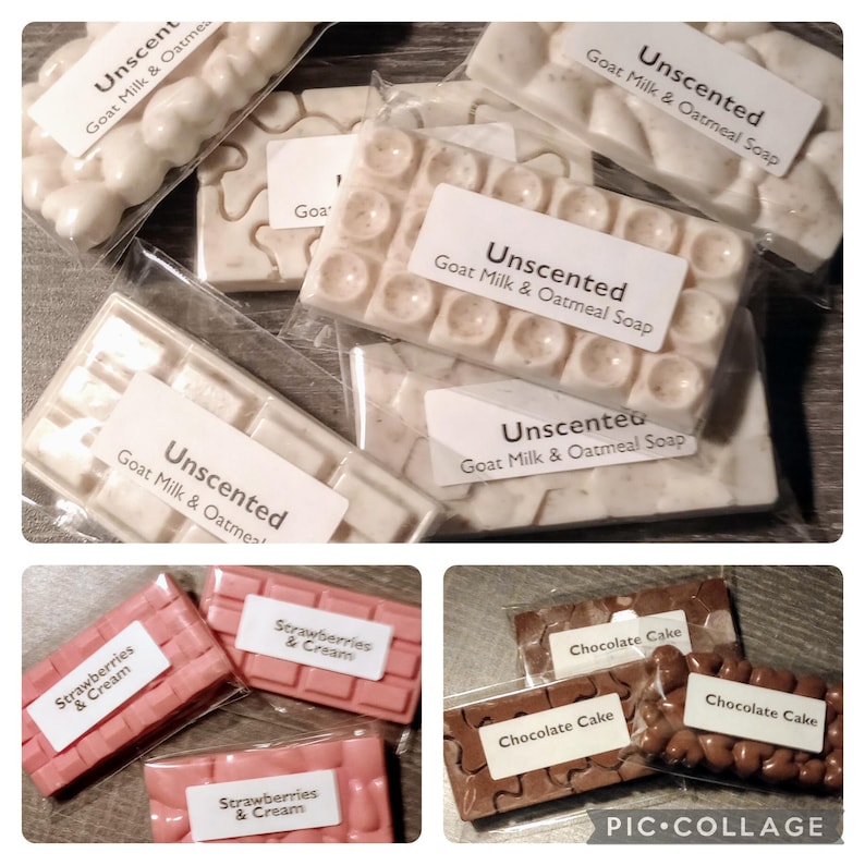 May include: Assortment of handmade soap bars in various scents and designs.  The bars are wrapped in clear plastic and labeled with the scent and ingredients.  The scents include "Unscented Goat Milk & Oatmeal Soap", "Strawberries & Cream", and "Chocolate Cake".