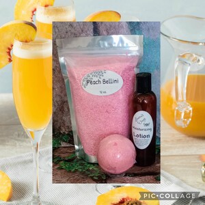 Peach Bellini BATH SALTS w/ option of adding 4 oz. Moisturizing Lotion,  Orange with sparkling rays of white peach nectar and pink champagne