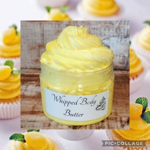 May include: A yellow whipped body butter in a clear jar with a white label that says "Whipped Body Butter".