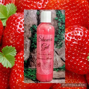 Strawberry Bath & Shower Gel: Fresh ripe strawberries in a fruity basket. Optional After-Shower Misting Spray