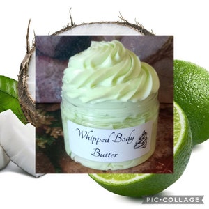 May include: A jar of whipped body butter with a green lime and coconut scent. The jar has a white label that says "Whipped Body Butter".