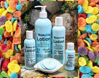 Fruity Pebbles Lotion: Fruity cereal bits coated in sugar. Moisturizing creamy lotion. Optional matching Body Spritz