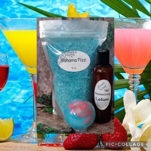 Bahama Fizz BATH SALTS w/ option of adding 4 oz. Moisturizing Lotion, Sparkling citrus, pineapple, papaya, mango with tones of sweet coconut