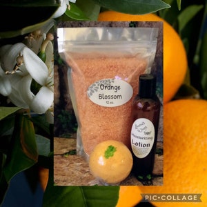Orange Blossom BATH SALTS w/ option of adding 4 oz. Moisturizing Lotion,  Orange bouquet with a background of vanilla & raspberry