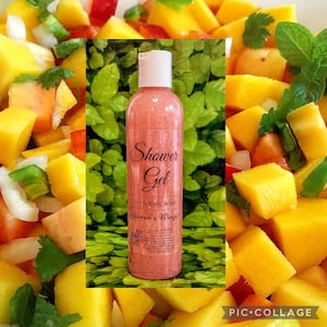 May include: A pink shower gel bottle with a white label that reads "Shower Gel" and "Bath & Body Wash" with the brand name "Lauren's Wings". The bottle is surrounded by a collage of diced mango, peach, and green onions.