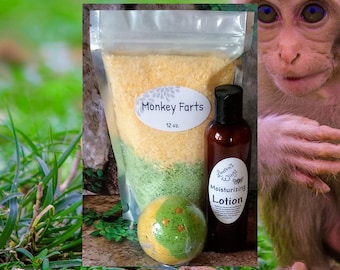 Monkey Farts BATH SALTS w/ option of adding Lotion or Bath Bombs, peach, strawberry, pineapple, coconut, orange, vanilla and an exotic musk