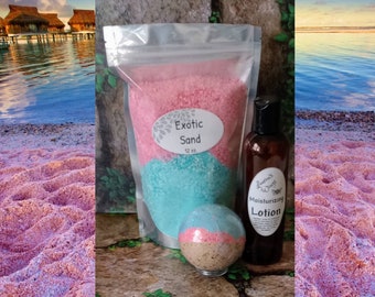 Exotic Sand BATH SALTS w/ option of adding Lotion or Bath Bombs, Alluring island escape with mix of citrus, sweet florals and spicy vanilla