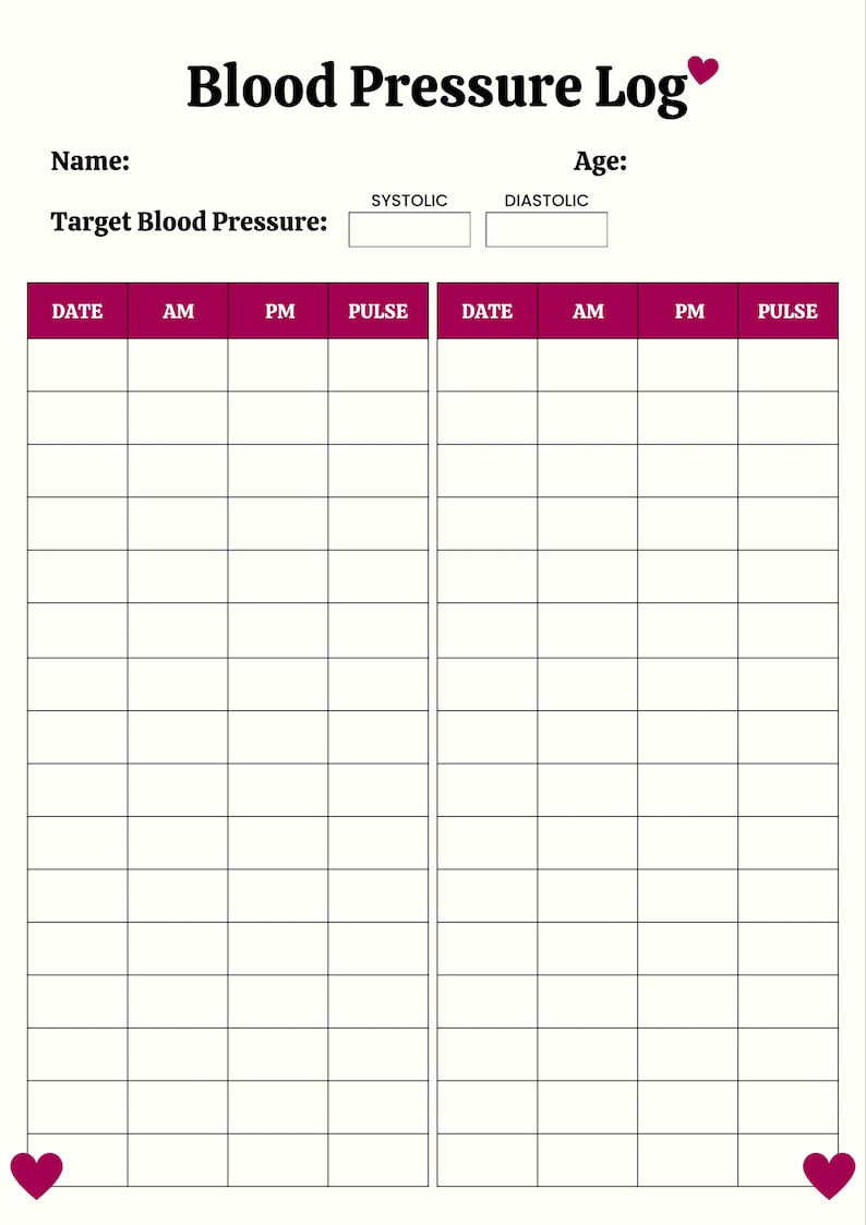 Blood Pressure Log Printable High Blood Pressure Tracker Template ...