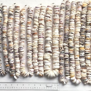 May include: A collection of 20 strands of white, brown, and purple shell beads. The beads are all different shapes and sizes, and they are strung on a white cord. A ruler is included in the image for scale.
