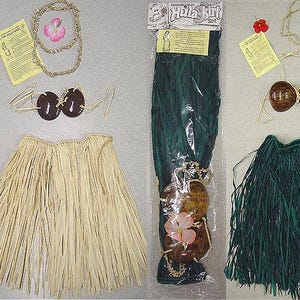 May include: Two hula skirt sets, one with a green skirt and coconut bra, and one with a straw skirt and coconut bra. Both sets include a flower, necklace, and instructions.
